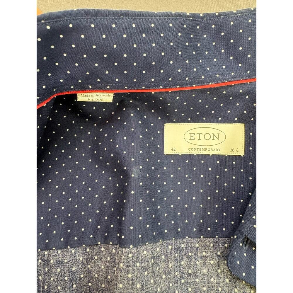 ETON Contemporary Fit Dress Shirt 16.5 42 Navy Blue White Polka Dot Twill Luxury - Picture 8 of 9